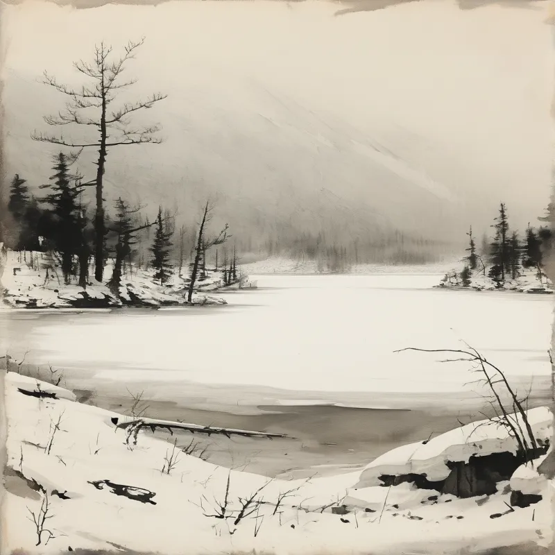 Winter landscape of a frozen lake surrounded by snowbanks and sparse pines under hazy light.