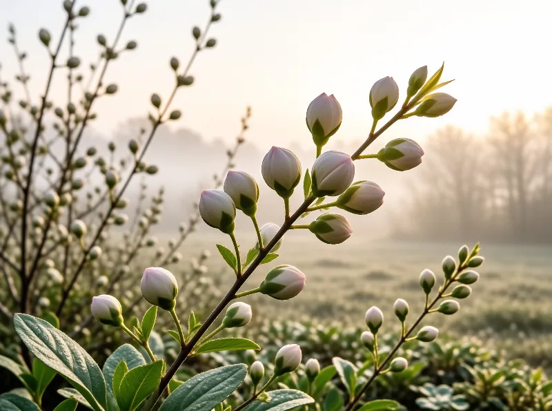 A close view of a plant branch holding several unopened white flower buds and green leaves against a blurred background of misty fields and trees in the early morning light