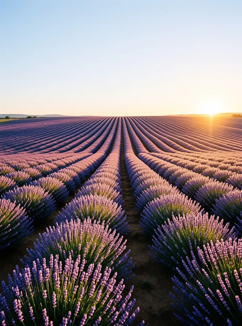 Neatly planted rows of purple lavender stretch across a wide open field as low evening sun casts warm light over the horizon.
