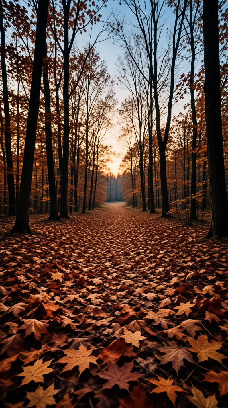 A straight path covered in brown foliage winds through tall dark trees toward a bright orange sunset sky.