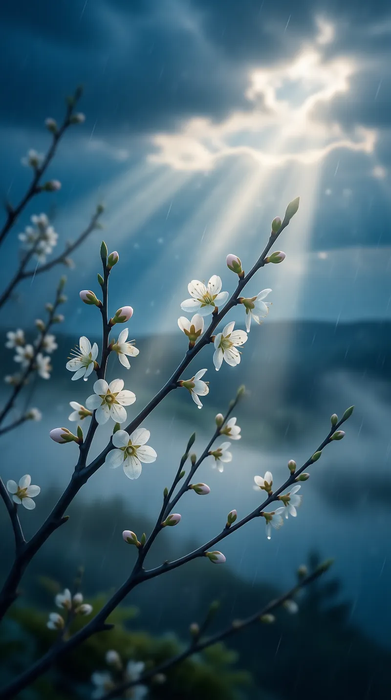 White Blossoms in Blue Rain