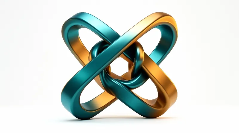 Two polished metal bands loop through each other, shifting from deep turquoise to warm amber under soft light.