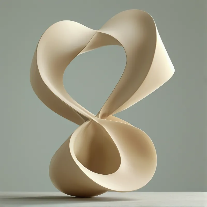 A smooth beige abstract ribbon sculpture twists vertically against a muted gray green studio backdrop with soft shadows.