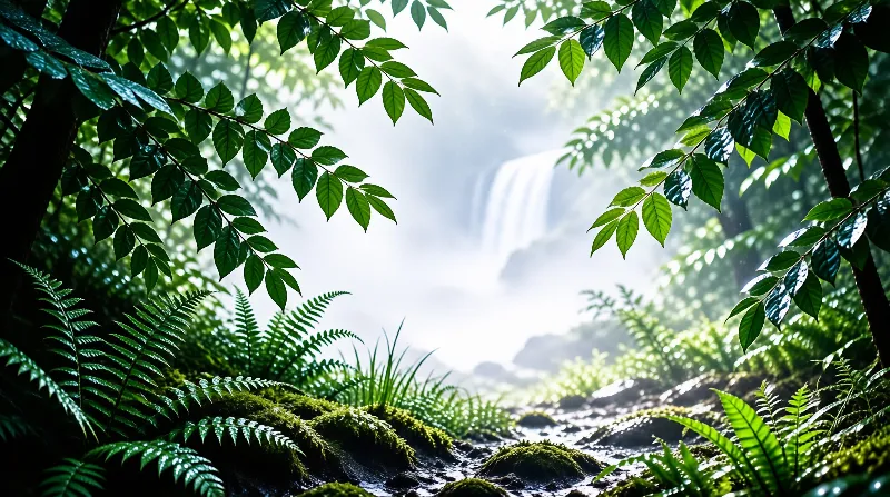 Bright sunlight filters through vibrant green leaves framing a misty waterfall in the distance.
