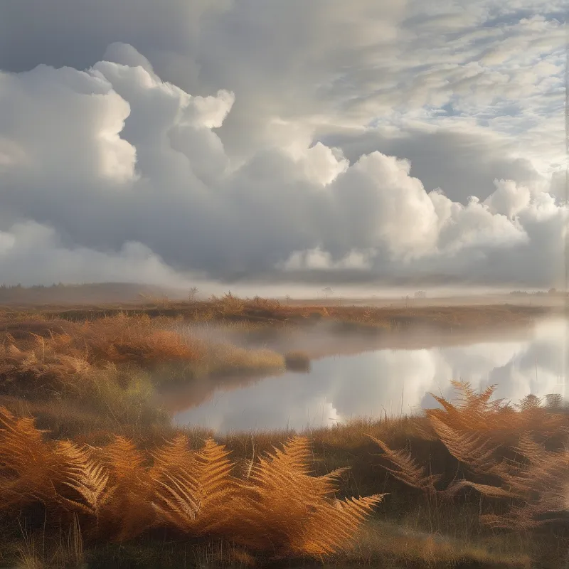 A low autumn sun lights golden ferns beside a calm marsh pond that mirrors towering cumulus clouds and drifting mist.