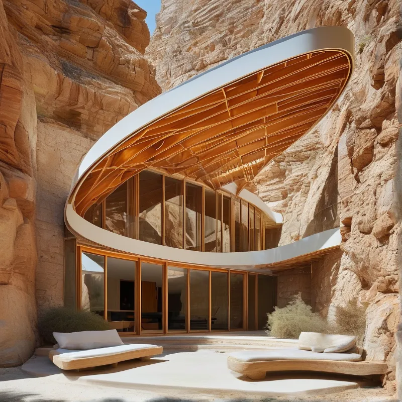 Modern curved building with white overhangs and wooden ceilings sits in a rocky canyon with glass walls and sandy seating area.