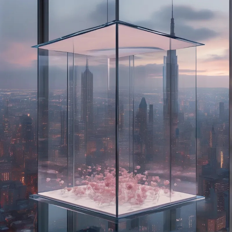 A transparent case holds pink flowers on a white base, revealing a cityscape with a tall spired skyscraper under a pastel twilight sky.