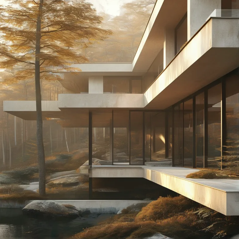 A contemporary white building with large glass windows sits among tall pine trees bathed in golden morning mist.