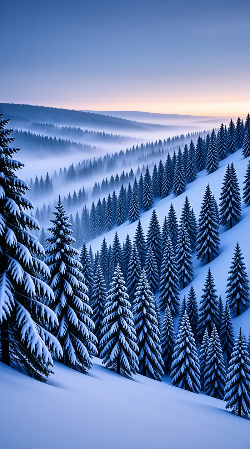 Dense snow-covered conifers rise from rolling hills beneath a cool blue sky featuring a warm horizon glow and valley fog.