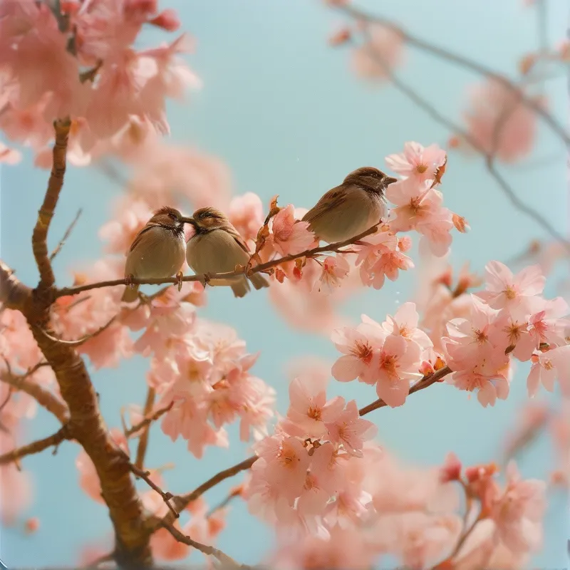 Three small brown sparrows sit along a flowering branch of pink cherry blossoms against a soft powder blue sky