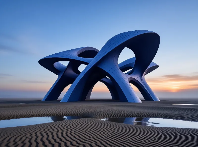 Large blue sculptural structure curves across rippled sand dunes under a pastel twilight sky with reflective pools.