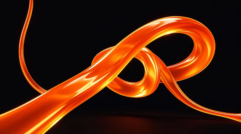 A wide band of polished amber material twists into overlapping loops and knots against a deep black studio backdrop.