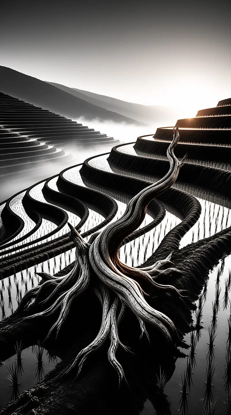 A twisted root crosses spiral terraces filled with water and mist under a bright sunrise