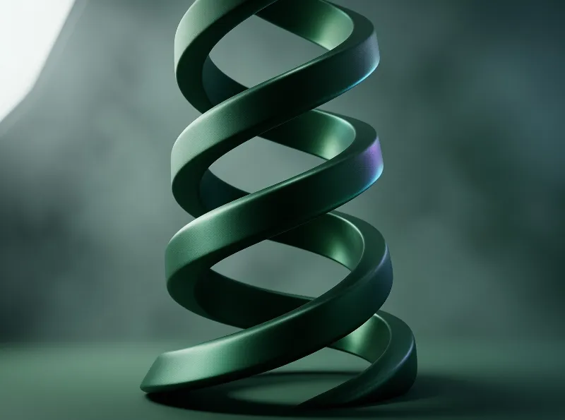 A glossy emerald twisted loop rises vertically within a soft shadowed abstract environment