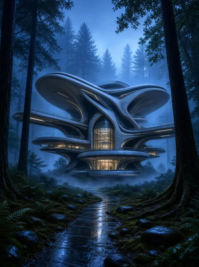Futuristic Pavilion in Misty Forest