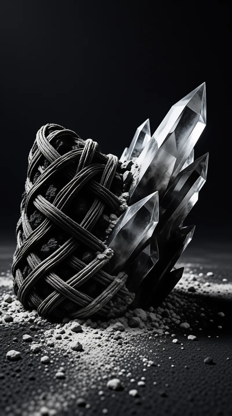 A black and white photo of a faceted clear quartz cluster beside a woven banded dark object on scattered rocky debris.