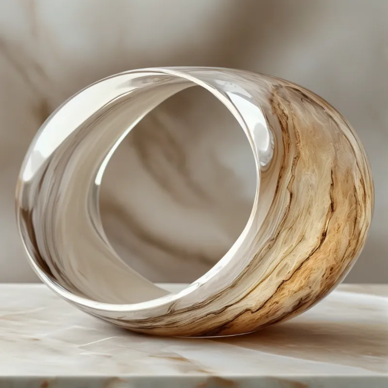 A large polished stone ring sculpture featuring brown and white swirls rests on a marble surface with soft highlights.