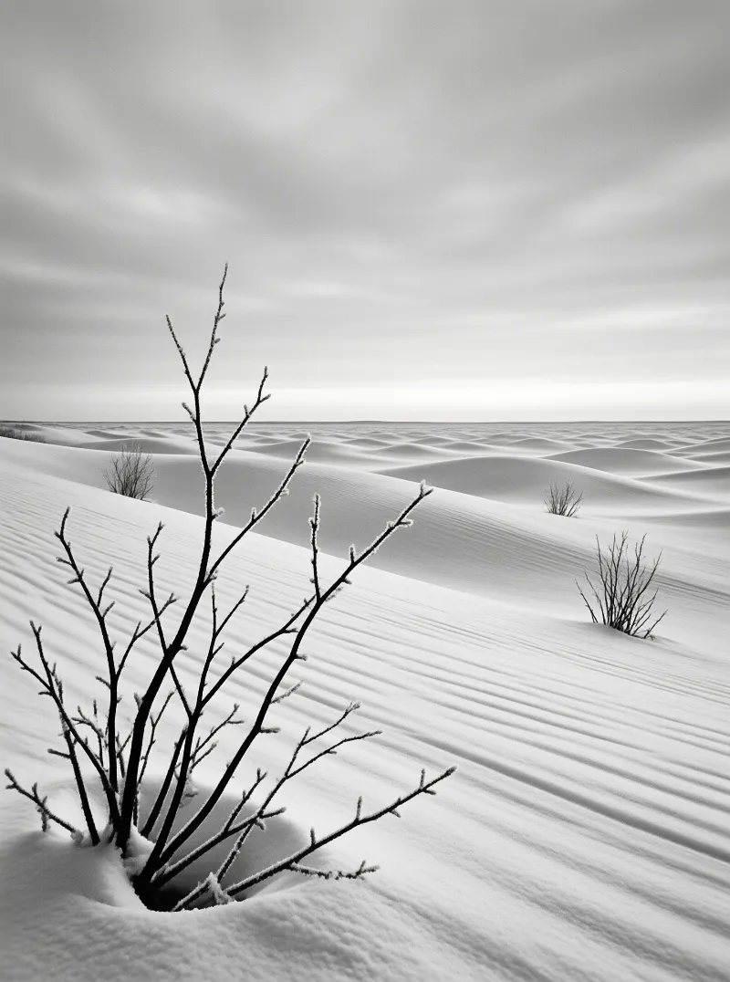 Leafless twigs emerge from a vast expanse of white snow dunes under a pale overcast sky.
