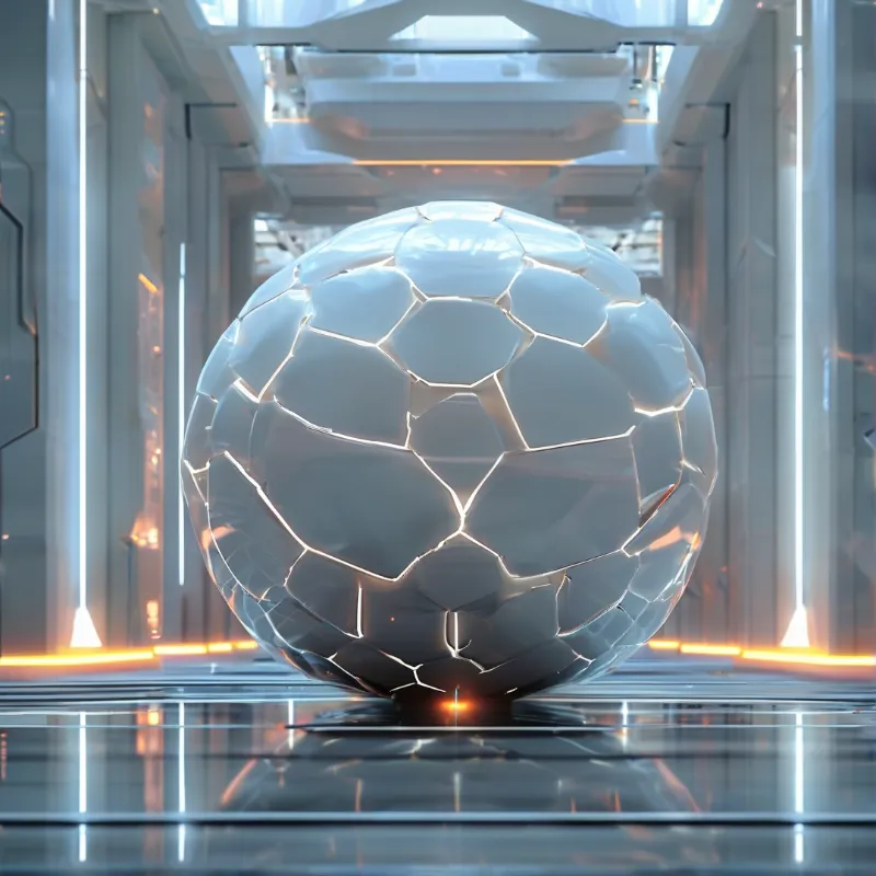 A large faceted ball rests within a futuristic hallway illuminated by vertical pale strips and warm amber floor accents.