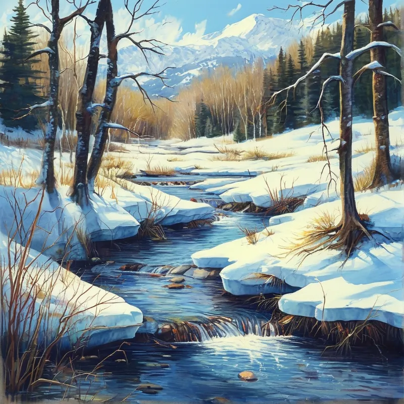 Blue alpine stream flows through snow covered terrain beside bare and evergreen trees with snow capped peaks in the bright sunlit distance.