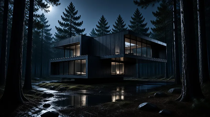 A two-story wooden building with illuminated windows sits among tall pine trees and a reflective puddle at night.