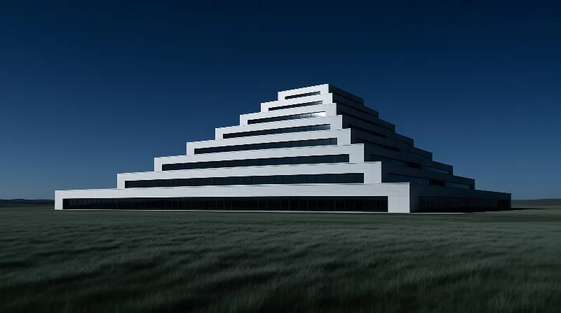 A large white stepped pyramid building sits isolated in a vast green field beneath a dark blue evening sky.