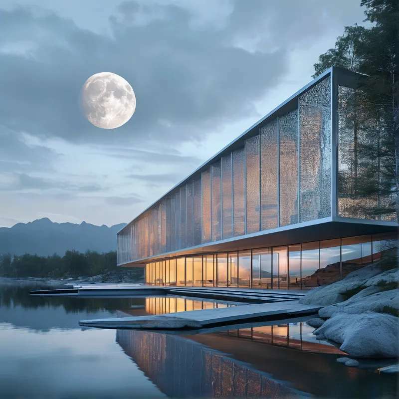 A long modern glass building radiates warm light above a calm lake at dusk, with a full moon hanging in the cloudy sky.
