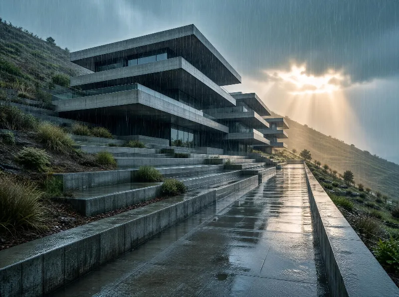 Modern concrete multi-level buildings on a rainy hillside, with sunlight breaking through clouds onto wet terraced steps and pathways