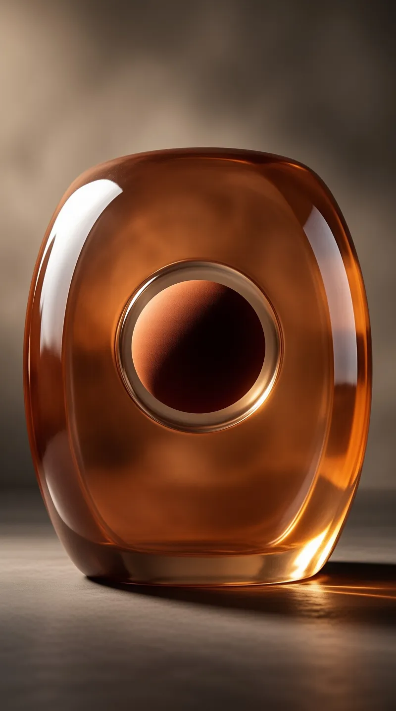 An amber glass block with a circular cutout glows warmly as light passes through its translucent body onto a grey floor.