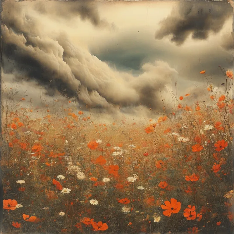 Orange poppies and white wildflowers bloom in a meadow beneath a sky heavy with dark storm clouds.