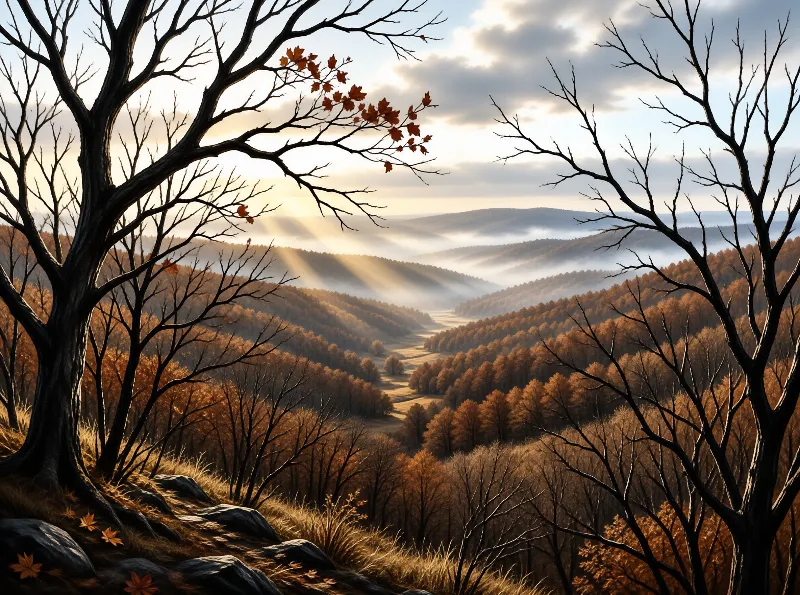A landscape showing rolling hills covered in autumn foliage with sunlight streaming through clouds into a foggy valley.