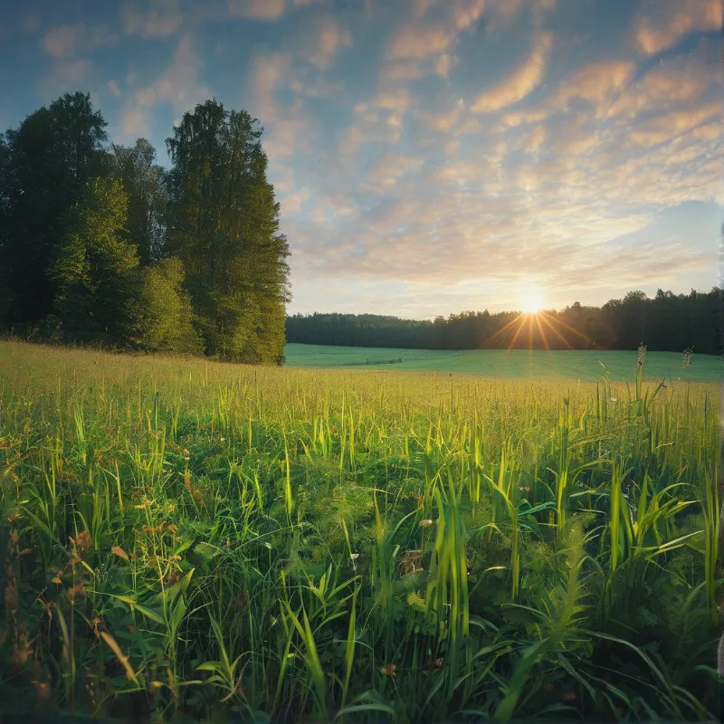 Tall grasses and wildflowers glow as the morning sun bursts above a tree-lined meadow under soft clouds.