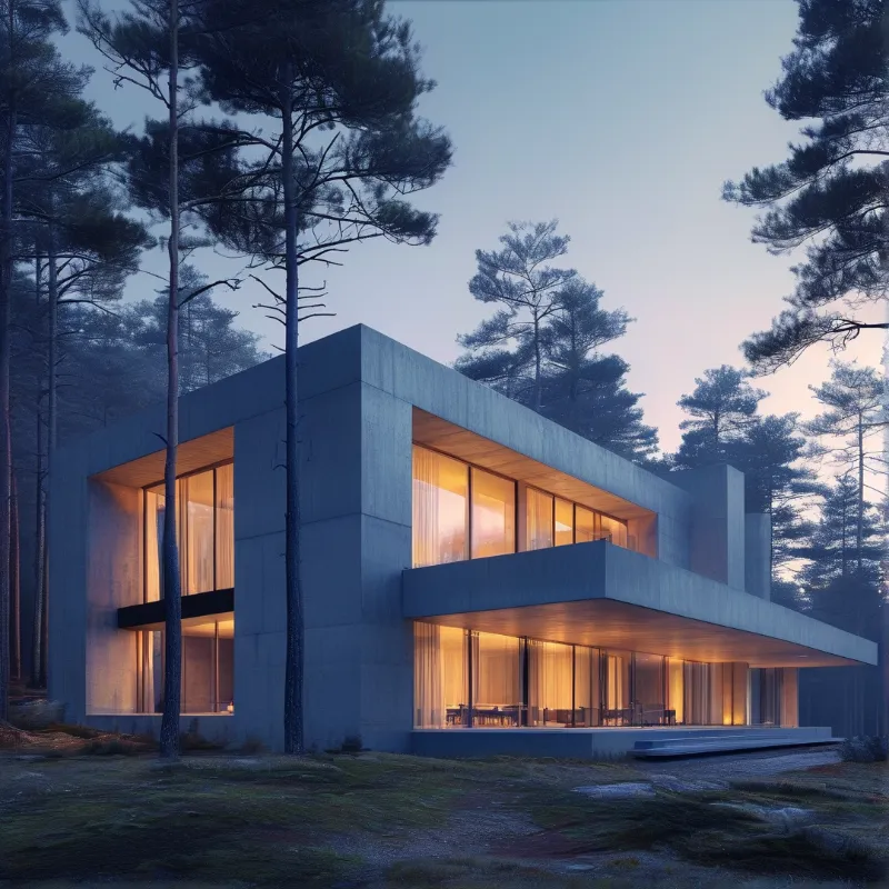 A modern concrete building surrounded by tall pines at dusk with bright warm light visible through large glass windows.