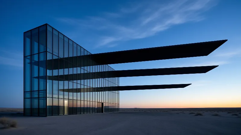 A sleek glass structure featuring extended dark cantilevers sits within a vast arid landscape during twilight.