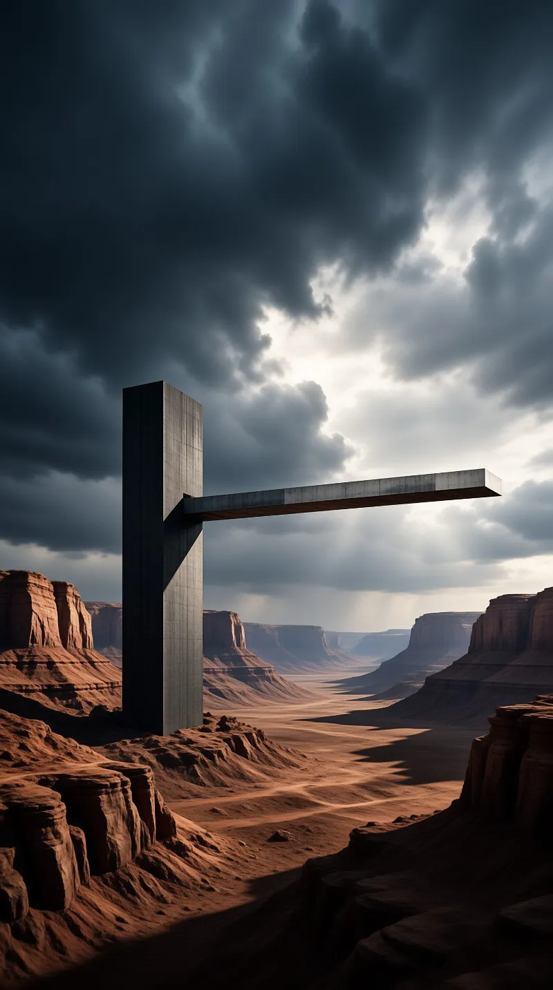 A tall concrete pillar thrusts a long horizontal beam out over a red rock canyon while sunbeams pierce the storm.