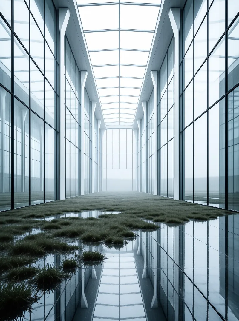 A bright atrium of tall glass panes and a curved skylight, its polished floor half drowned by shallow water and grass.