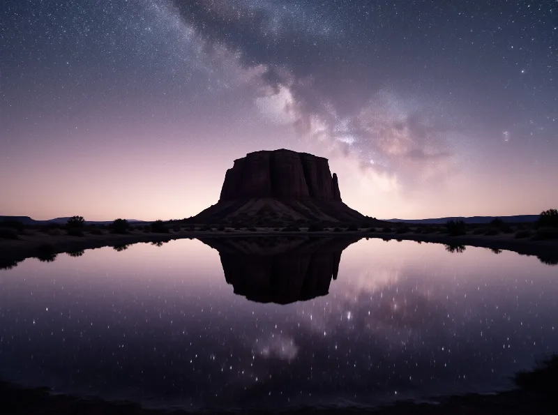 Solitary desert mesa sits under starry sky with Milky Way visible while silhouette reflects in still water.
