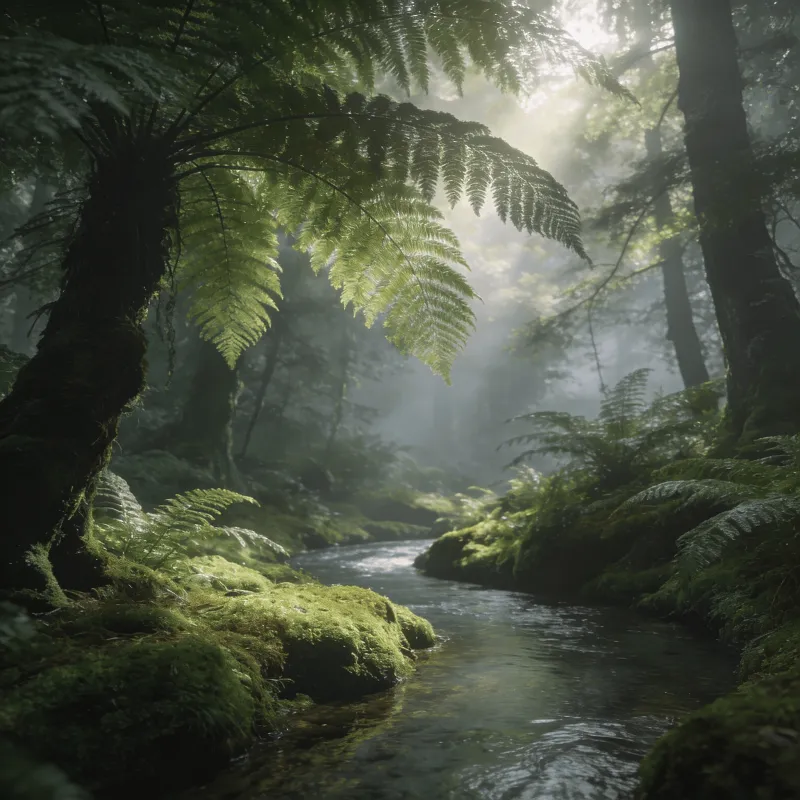 Soft Moss and Ferns in Morning Light