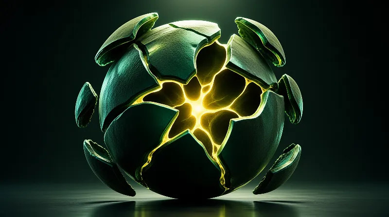 A dark green spherical object fractures open to reveal a bright yellow glowing core set against a dark void.