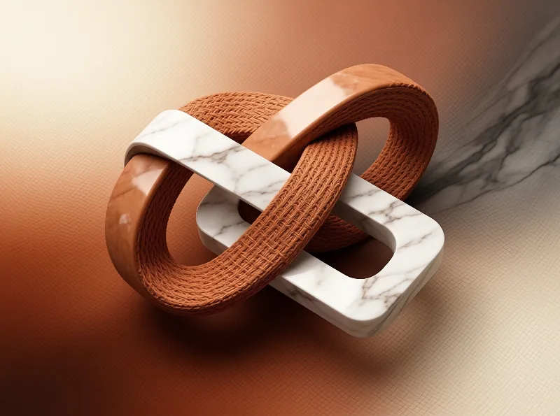 Polished white marble and rust colored woven bands interlock as sculptural loops on a soft gradient backdrop.