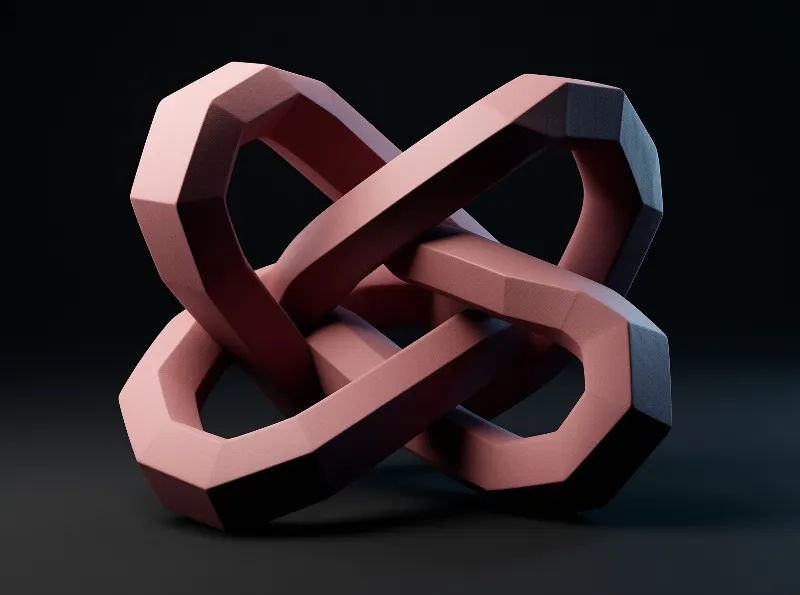 An intricate interwoven geometric knot with dusty pink facets rests against a black background with subtle blue highlights.