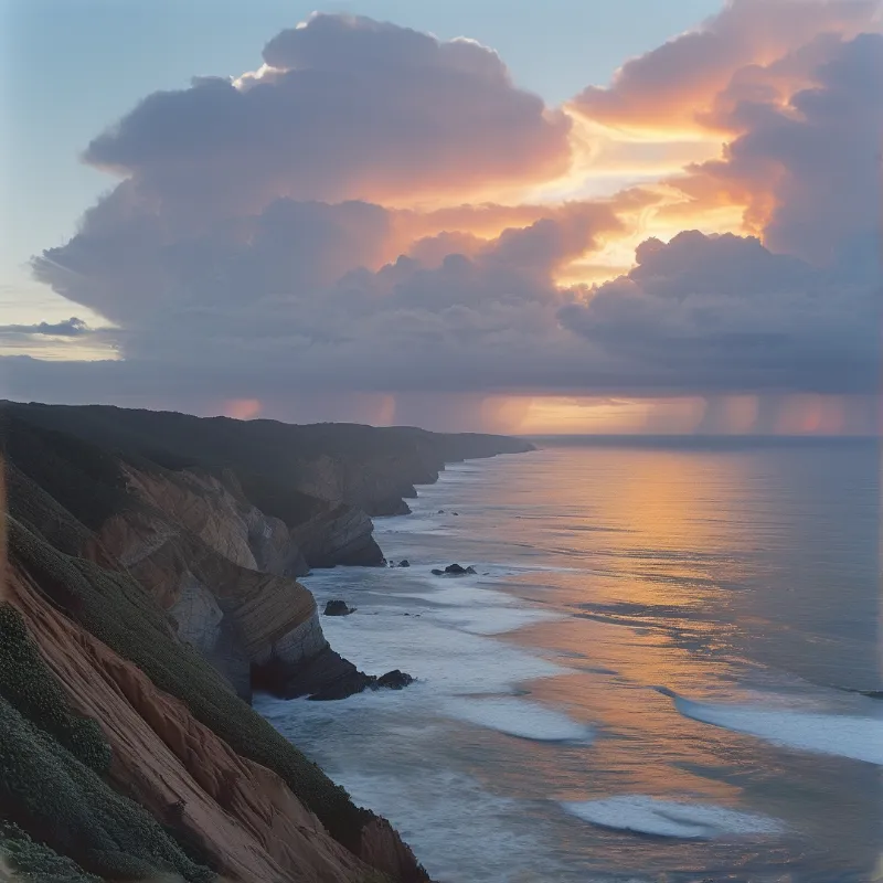 A wide view of steep rocky cliffs meeting a calm sea as sunbeams break through heavy clouds at dusk.