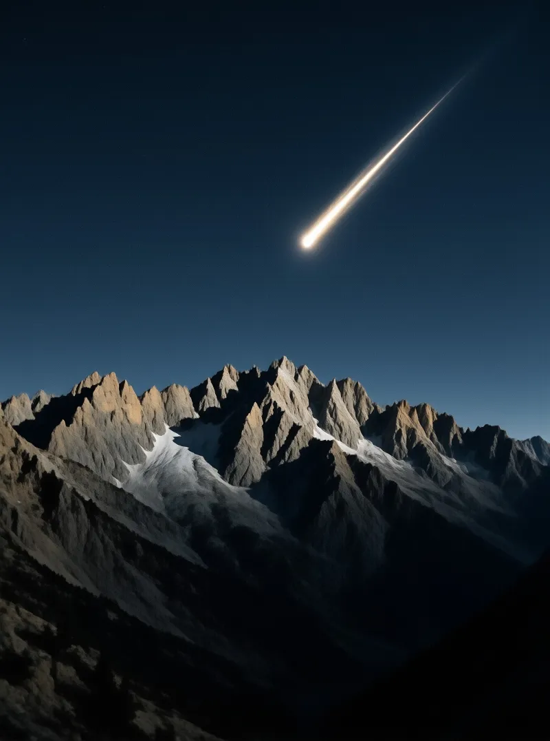 A bright luminous trail crosses the deep blue night sky above jagged rocky mountain peaks.