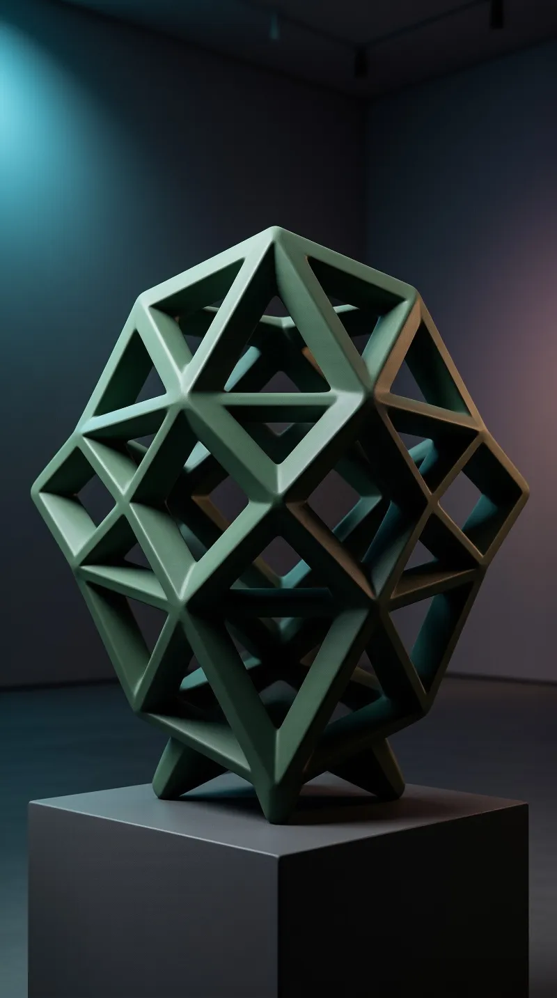 A sage green geometric sculpture of interlocking triangular frames stands on a dark pedestal under soft teal light.