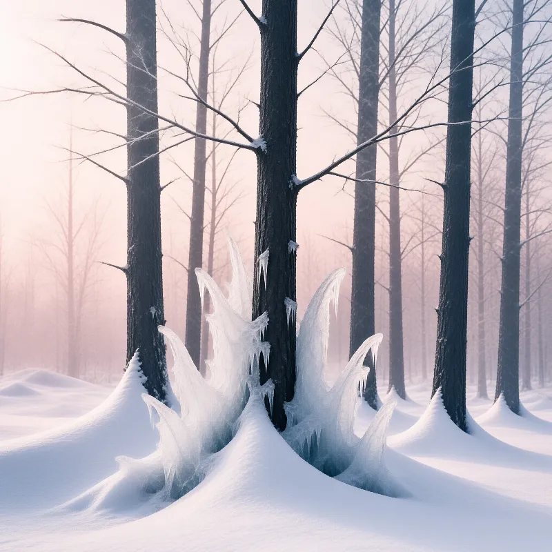 Jagged ice formations rise from the snow at the base of tall dark trees in a soft pink misty forest.