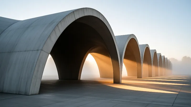 Smooth concrete vaults stretch into fog while low sun casts bright beams across the paved ground.