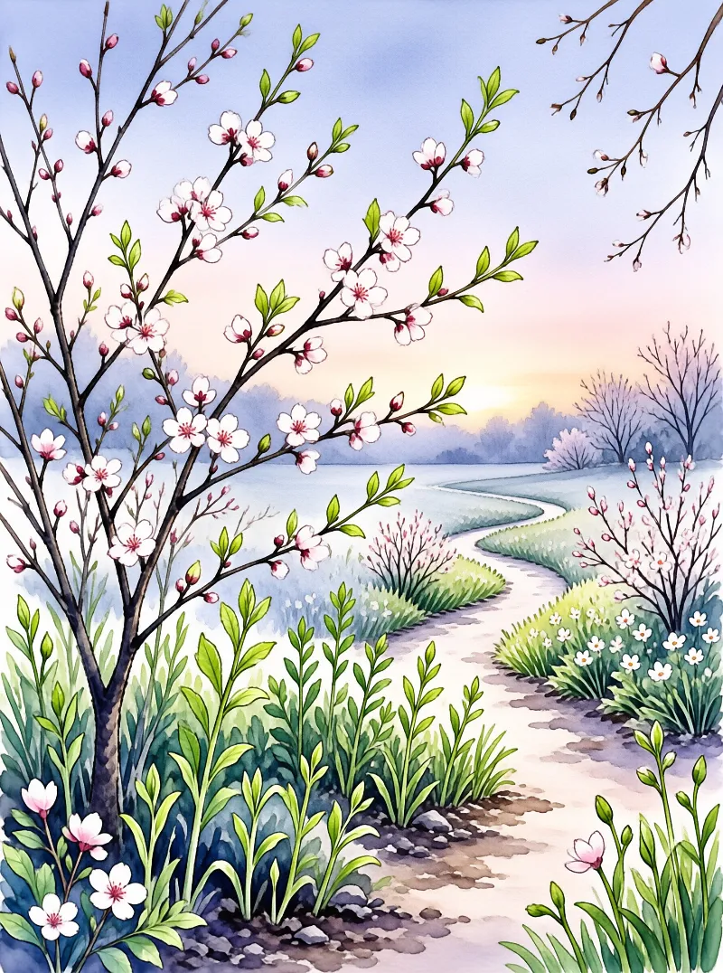 A watercolor painting showing blooming trees next to a river with soft morning light and green grass.