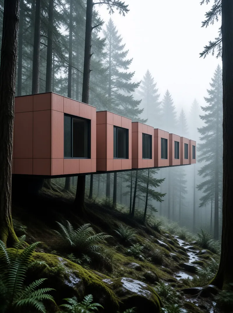A row of terracotta cabin boxes floats above a mossy hillside wrapped in pale fog and tall evergreens.