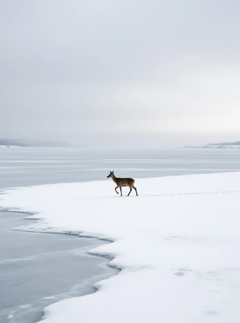 A lone deer walks along a snow-covered shore beside icy water in a hazy winter landscape.