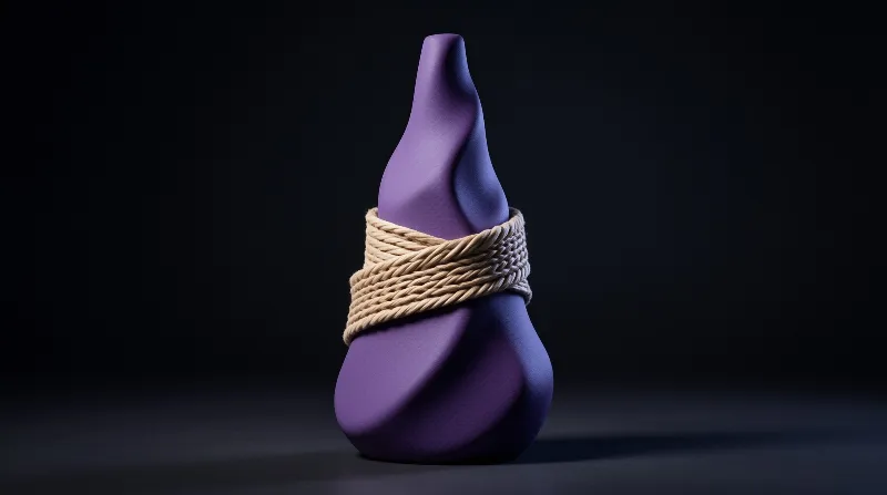 A tall purple amorphous shape is encircled by thick twine rope against a deep black studio environment.